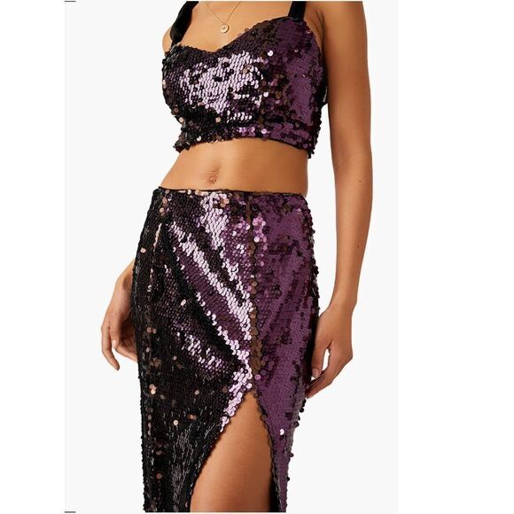 Free People Star Bright Sequin Two-Piece Crop Top & Midi Skirt, Lilac, Sz 4, NWT - Picture 6 of 10